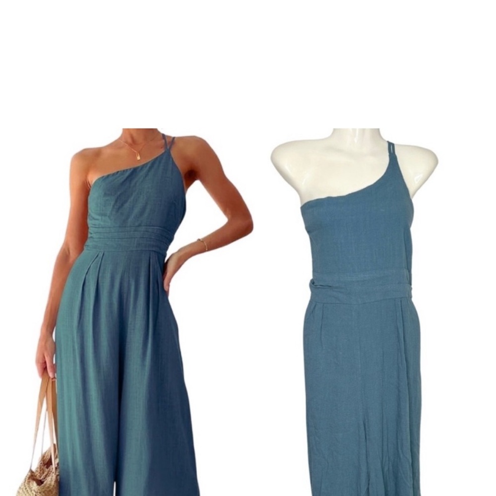 ANRABESS  One Shoulder Pleated High Waist Casual Wide Leg Jumpsuit with Pockets